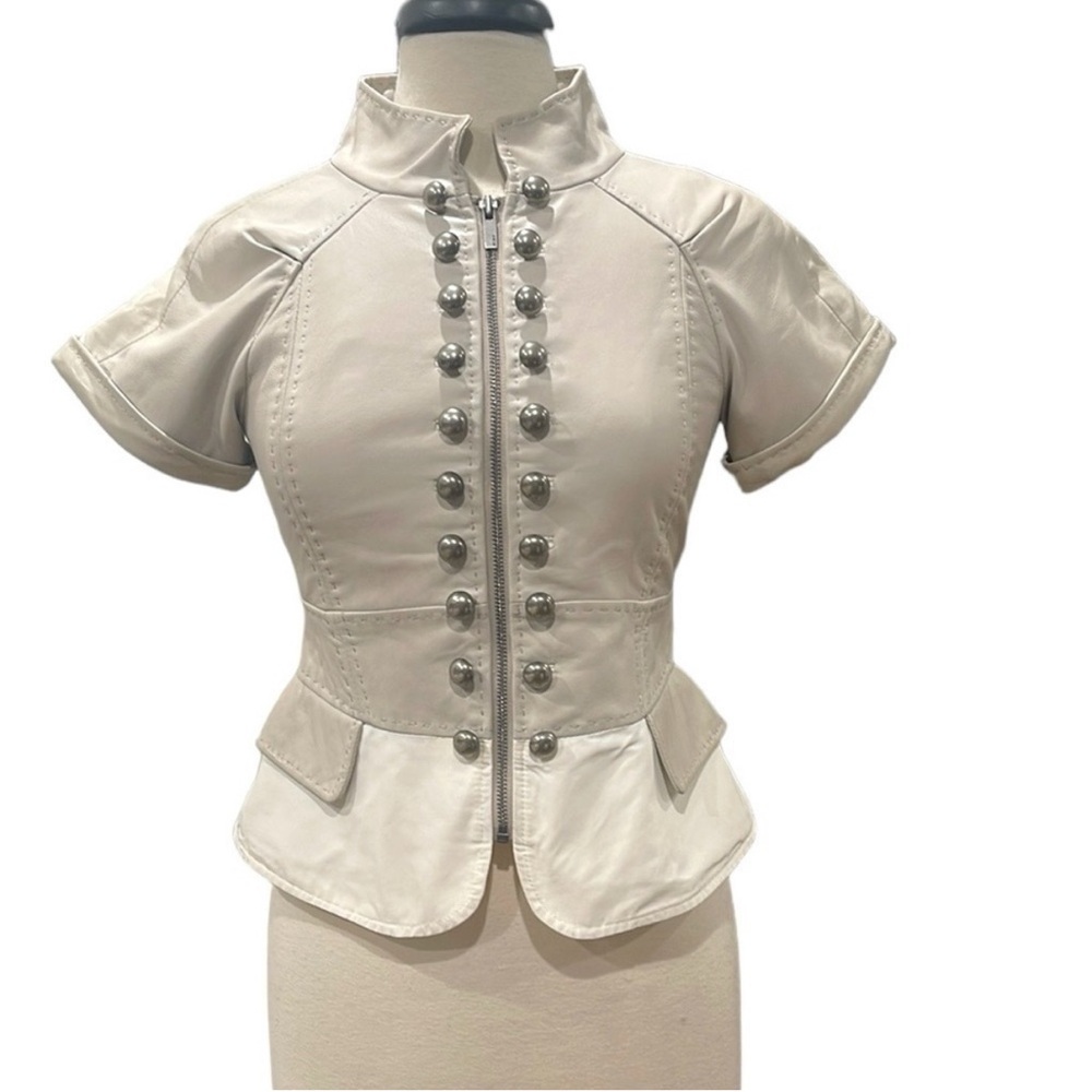 BCBGMaxAzria Cream Crop Short Sleeve Leather Jacket Military Buttons Peplum XS